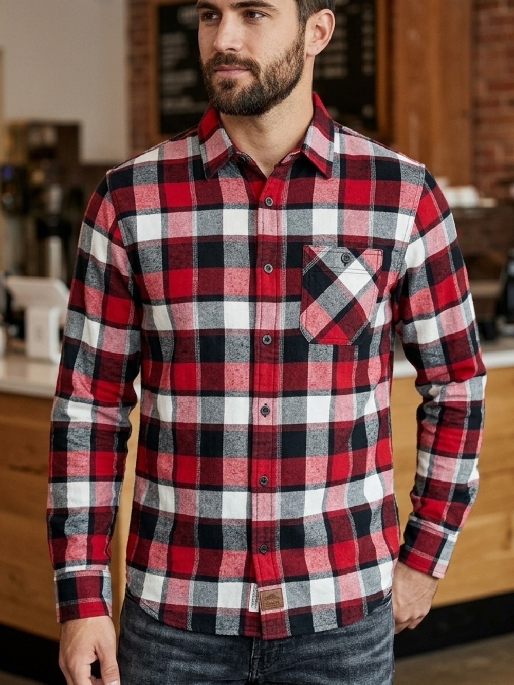 Roots Red Black White Plaid Long-Sleeve Button-Down Shirt rugged western 1497